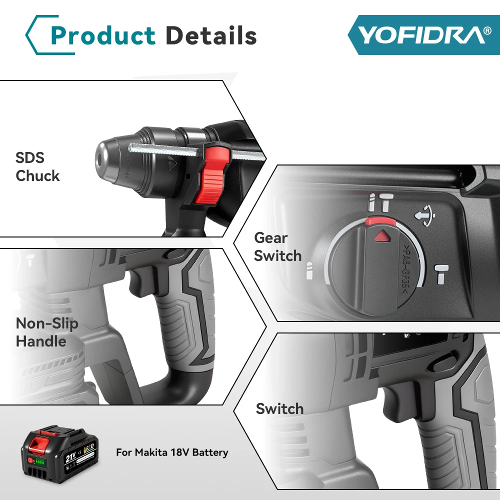 Yofidra Бесщеточный перфоратор 26 мм для аккумулятора Makita