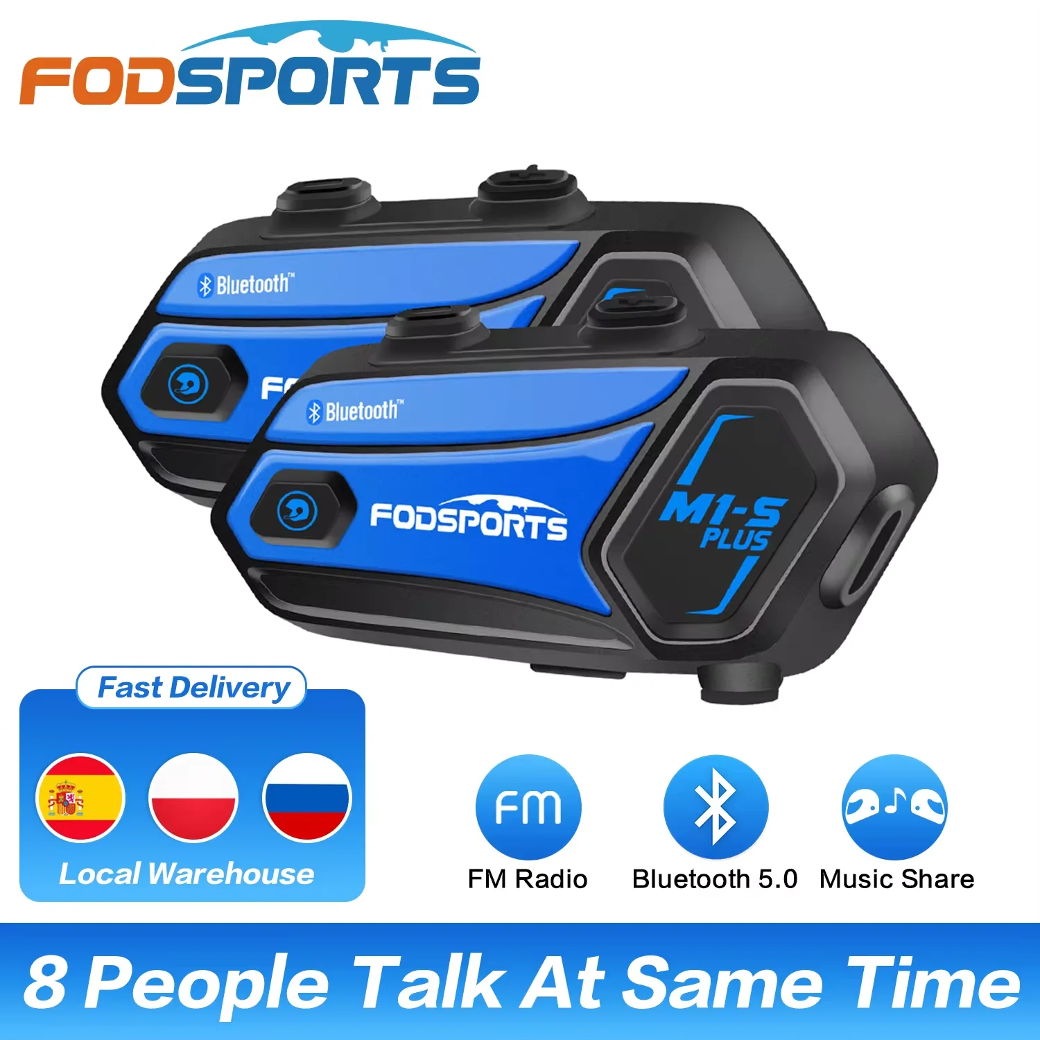 Миниатюра 2pcs Fodsports M1-S Plus Мотоциклетный домофонный шлем Беспроводная Bluetooth-гарнитура для внутренней связи 8 Rider BT Домофон, FM-радио, обмен музыкой, шумоподавление, голосовая подсказка, BT 5.0