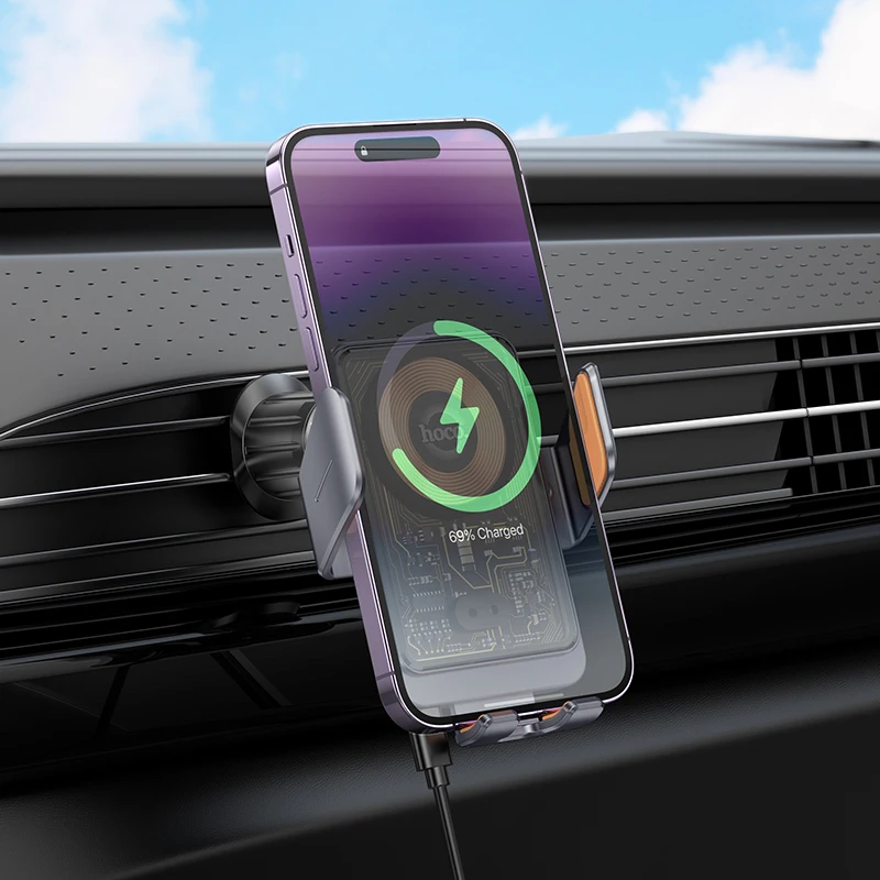 Беспроводное инфракрасное зарядное устройство HOCO 15W для iPhone 17 16 Pro Max с креплением на воздуховод автомобиля, интеллектуальная беспроводная зарядка