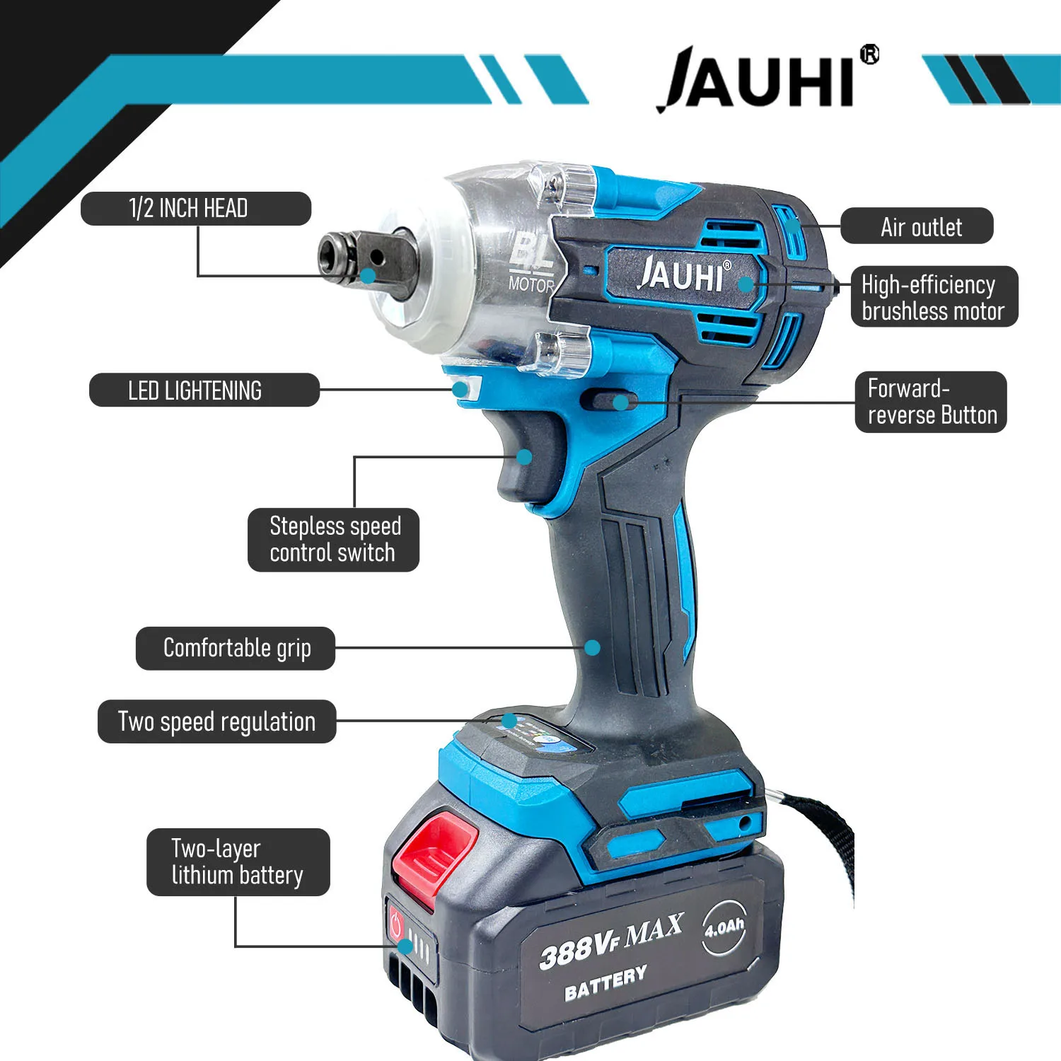 Миниатюра Аккумуляторный ударный гайковерт JAUHI 1/2 дюйма, Makita 18В
