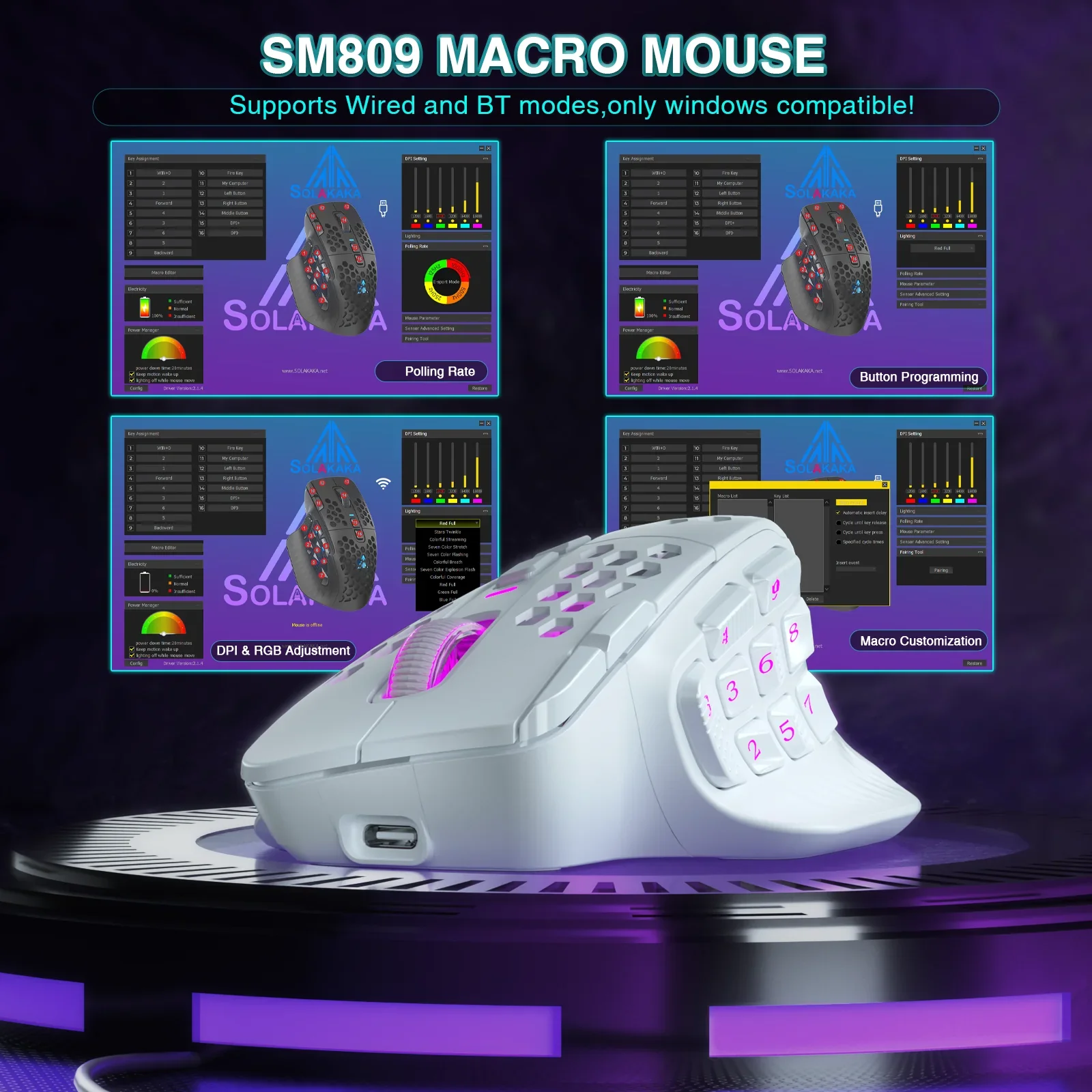 Миниатюра Беспроводная игровая мышь SOLAKA SM809 Pro 24000 DPI, 16 кнопок, RGB
