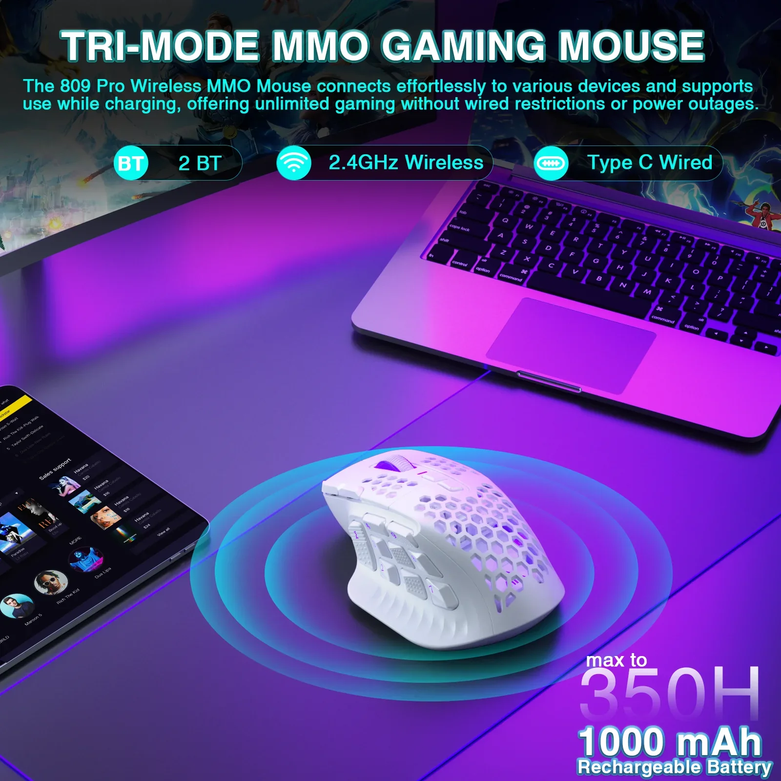 Миниатюра Беспроводная игровая мышь SOLAKA SM809 Pro 24000 DPI, 16 кнопок, RGB