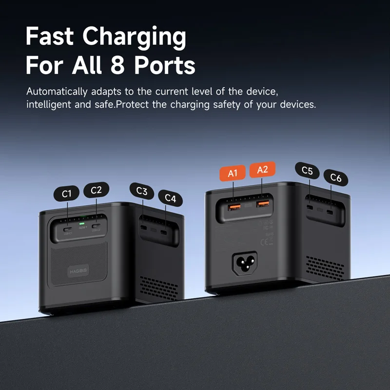 Зарядное Устройство Hagibis 380W USB C С Двумя Портами Быстрой Зарядки, 8 Портов, GaN Type C PD 3.1, Станция Для MacBook, iPhone