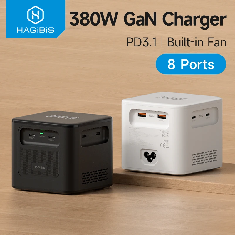 Зарядное Устройство Hagibis 380W USB C С Двумя Портами Быстрой Зарядки, 8 Портов, GaN Type C PD 3.1, Станция Для MacBook, iPhone