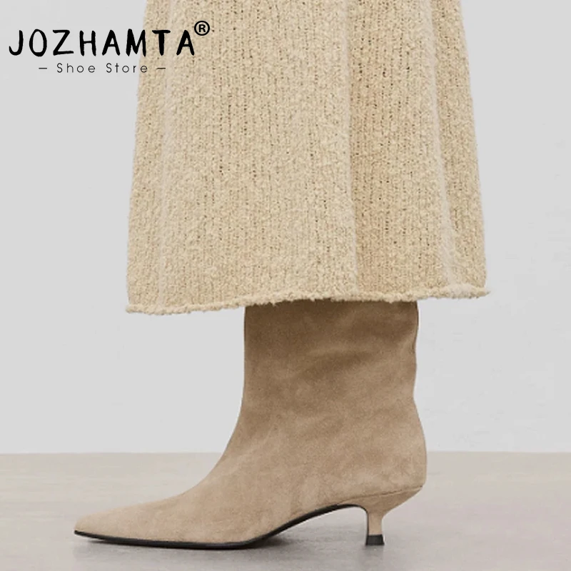 Миниатюра Женские ботильоны JOZHAMTA, размеры 34-43, модные туфли на круглых каблуках из натуральной кожи, зимние ботинки, офисная женская повседневная обувь
