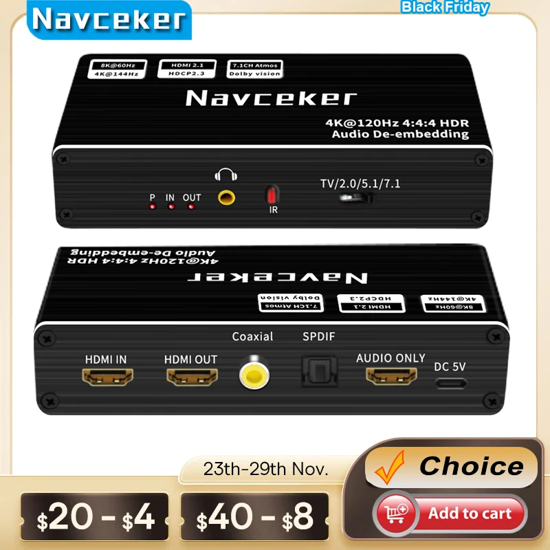 Аудиоэкстрактор HDMI Navceker, 4K 120 Гц
