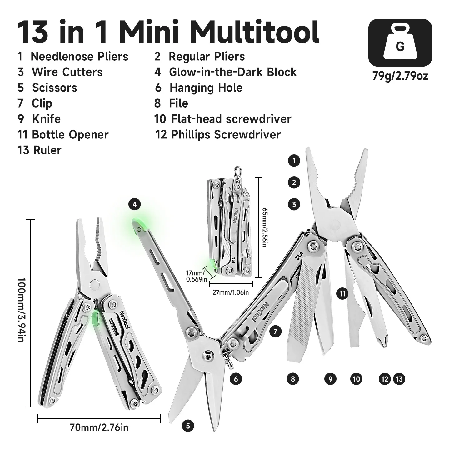 Миниатюра Мультитул NexTool Mini F12, 13 в 1, нержавеющая сталь