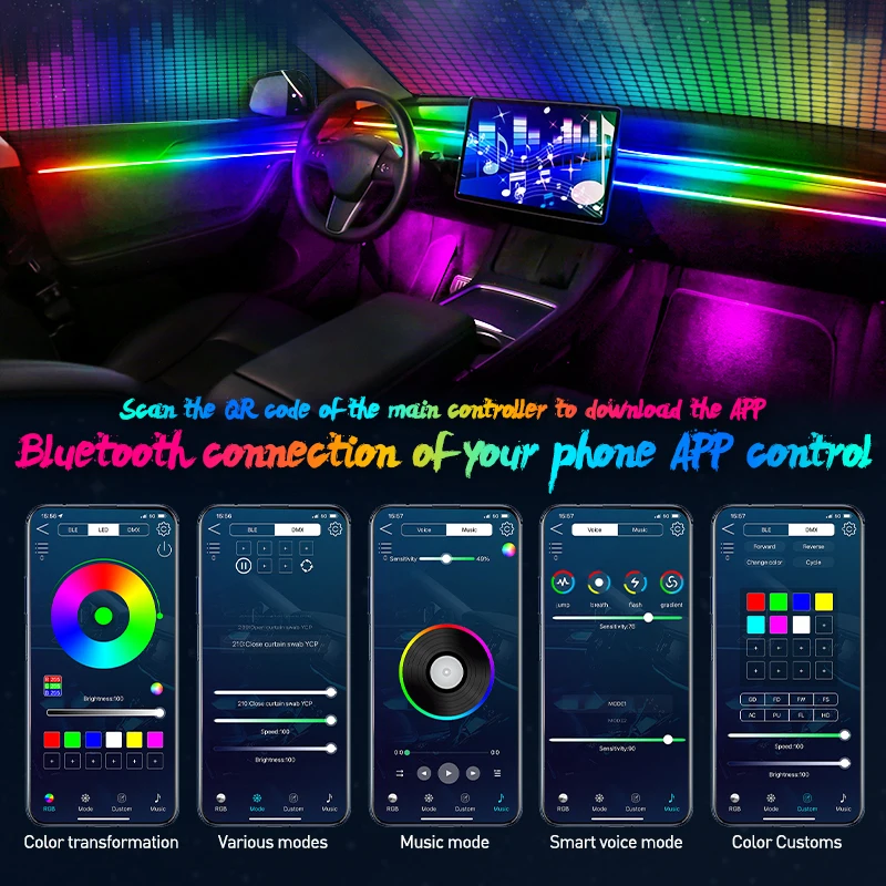 Миниатюра Скрытая RGB-подсветка салона автомобиля, 64 цвета