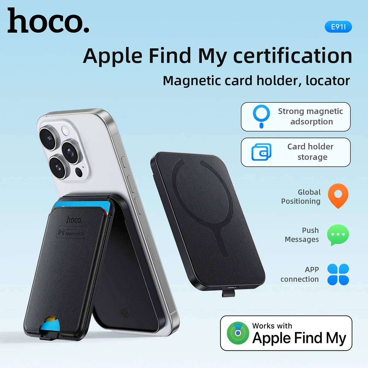 HOCO E91I Магнитный держатель идентификационной карты с интеллектуальным анти-потерянным устройством, подставка для телефона, перезаряжаемые локаторы, трекеры для IOS Find My Network