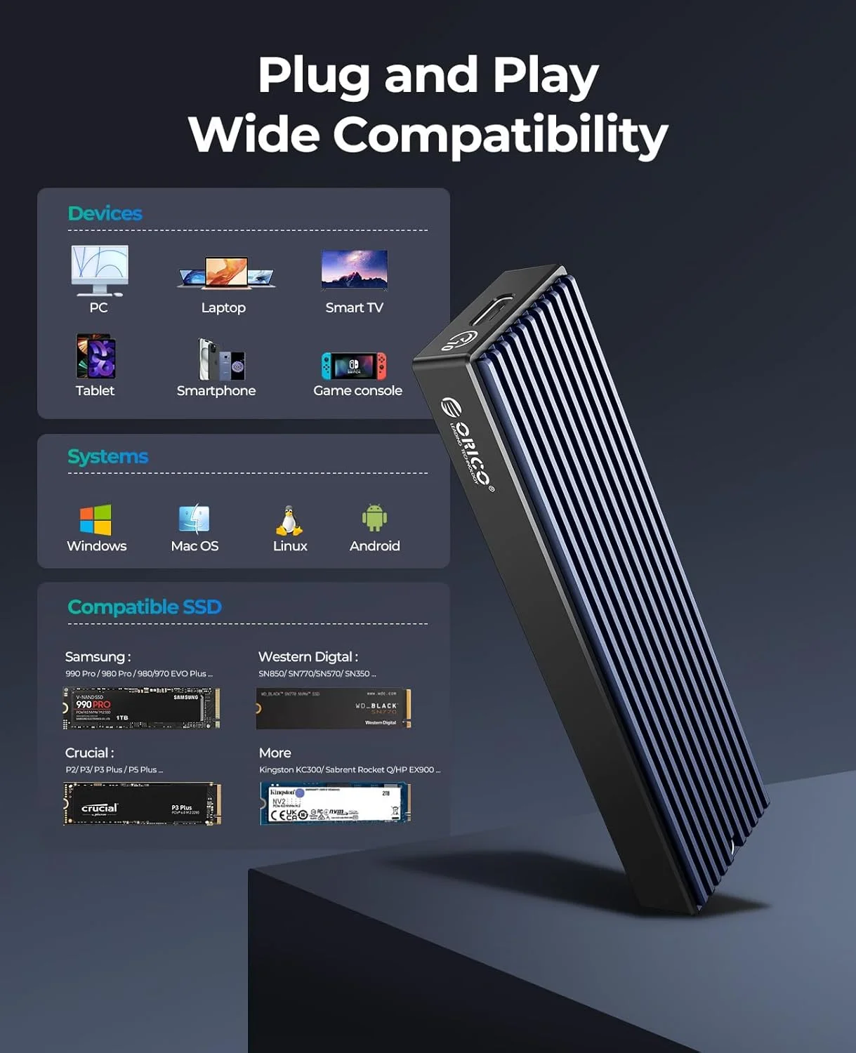 Миниатюра Корпус ORICO для SSD M.2 NVMe, USB Type-C 10 Гбит/с