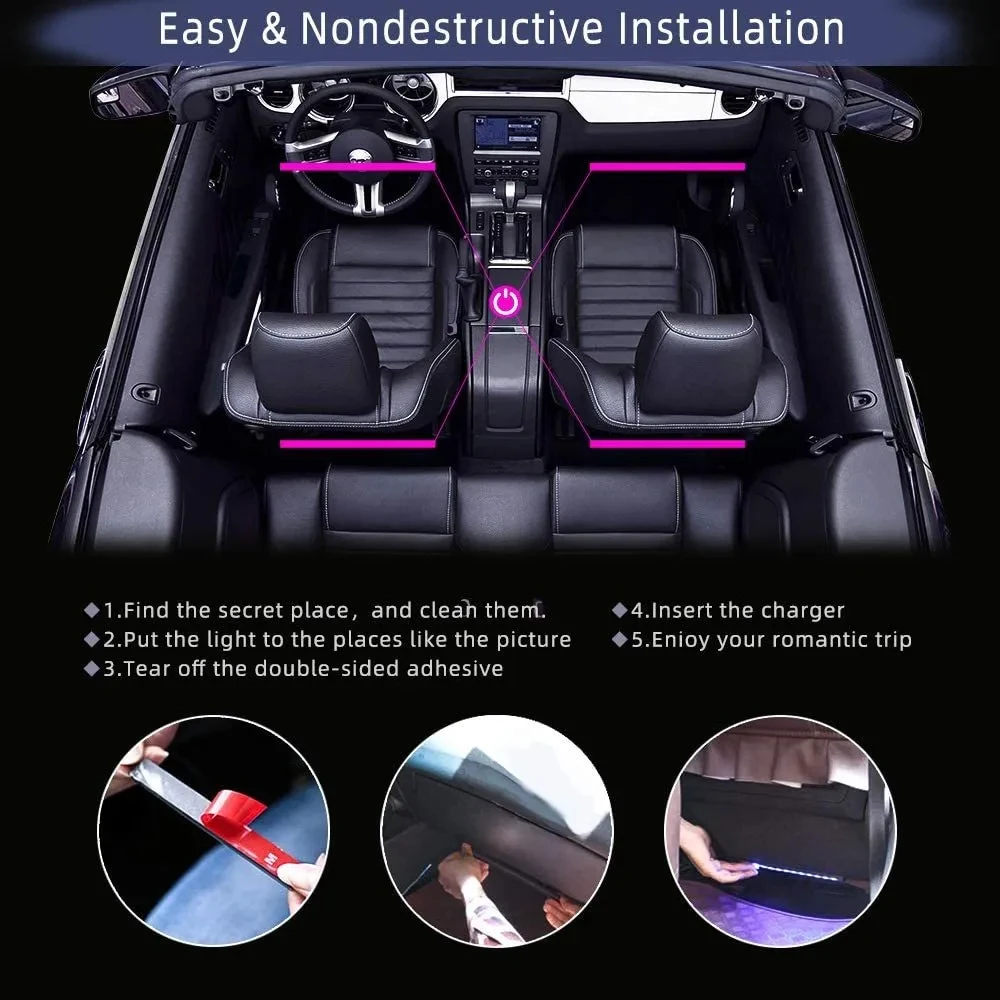 Неоновая подсветка салона авто, 48 LED, пульт и приложение