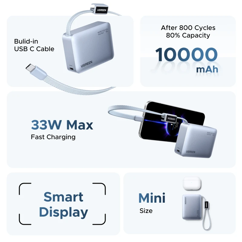 Миниатюра Внешний аккумулятор UGREEN 10000 мАч со встроенным кабелем Type-C