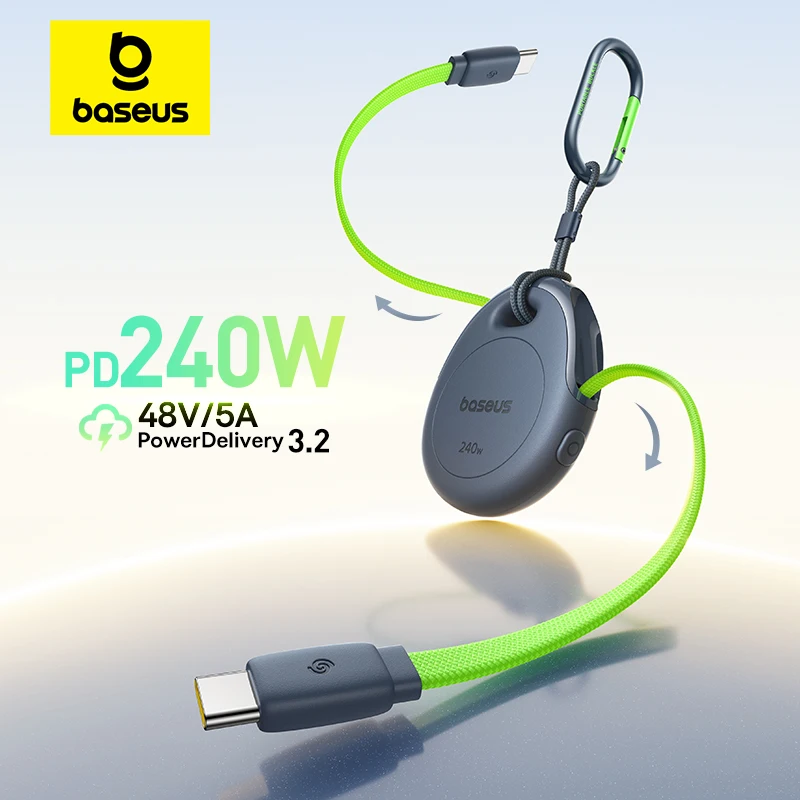 Кабель Baseus 240W USB-C с автоподмоткой и карабином