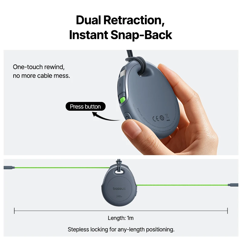 Кабель Baseus 240W USB-C с автоподмоткой и карабином