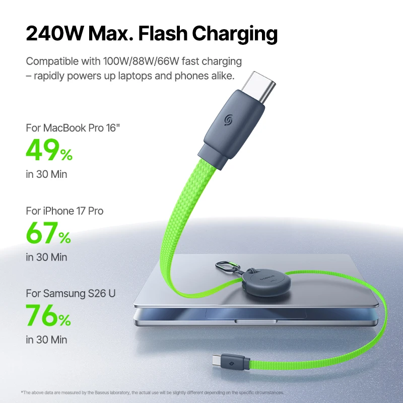 Миниатюра Кабель Baseus 240W USB-C с автоподмоткой и карабином